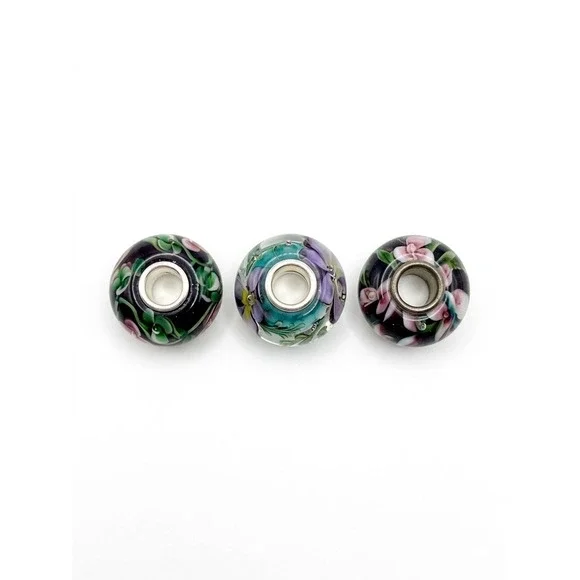 Artistic 3pc Floral Lampwork Glass European Charm Multicolor Silver Tone Core - Picture 1 of 6